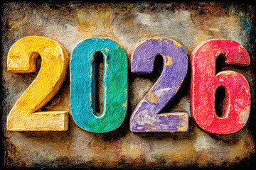 Colorful Painted Wooden 2026 Numbers with Textured Surface Yellow Turquoise Purple Red Typography