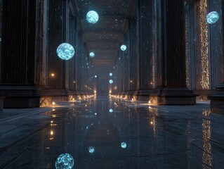 Obraz premium Mystical hallway with floating orbs. Reflections on a polished floor create a surreal atmosphere, enhanced by the architectural grandeur.