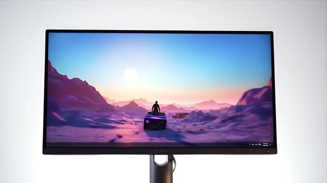 A modern computer monitor displaying digital graphics. A vertical cylinder sits on the screen