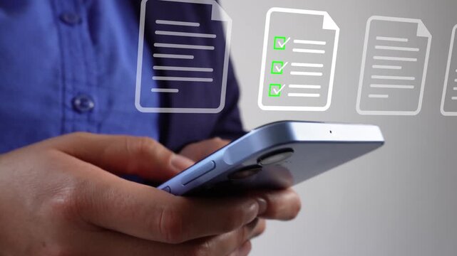 Document review. Professional businesswoman reviewing her mobile phone, with animation of various documents.