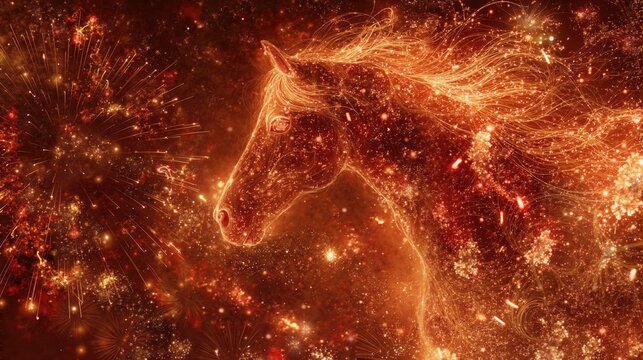 Fiery red horse symbolizing 2026 new year celebration with sparkling energy and festive vibes