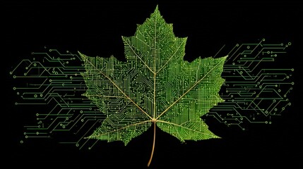 Nature and technology fusion icon: leaf intersecting with circuit lines, isolated white