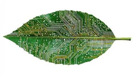 Nature and technology fusion icon: leaf intersecting with circuit lines, isolated white