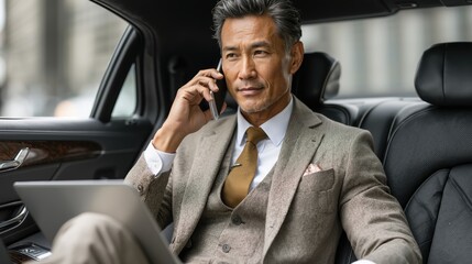 Mature asian businessman in suit talking on phone inside luxury car with laptop