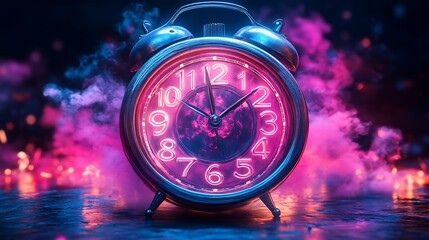Retro alarm clock, illuminated by vibrant neon pink and purple light. Smoke swirls around the clock