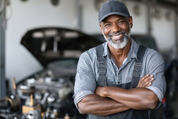 Portrait of male mechanic, african american man in cap and overalls standing in auto repair shop
