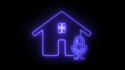 Neon light effect animation of a house icon with a microphone