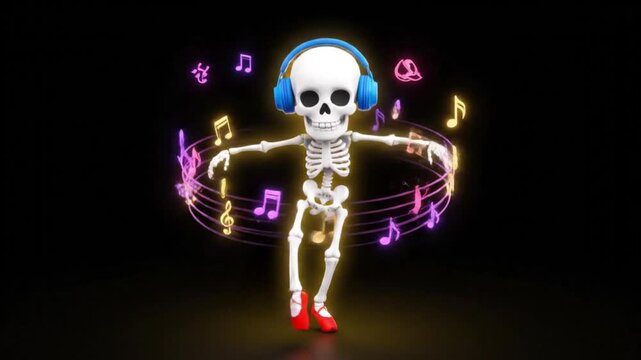 cute skeleton dancing with headphones and music notes