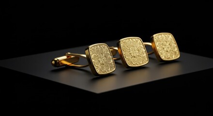 Exquisite Gold Cufflinks: Intricate Floral Engraving on Black Background.
