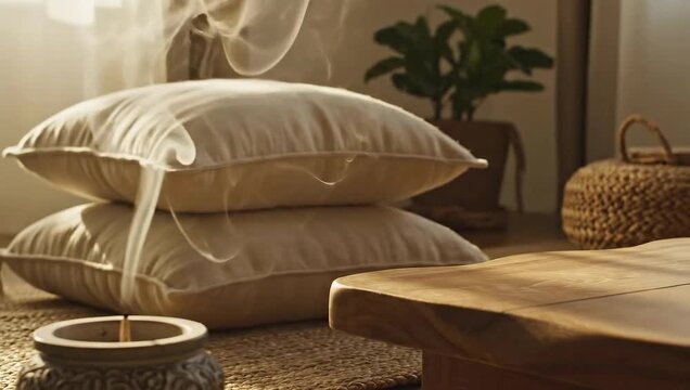 Relaxing Aromatherapy - Incense Smoke and Pillows for Meditation.