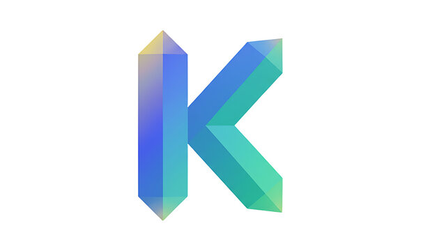 3D geometric letter K with modern gradient colors in blue, green, and yellow tones. Futuristic abstract typography design on transparent background.png