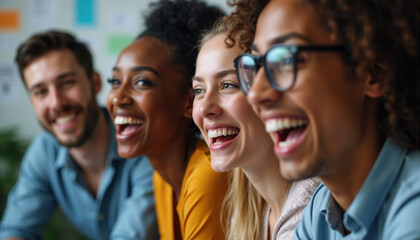 Obraz premium A diverse group of people sharing joy and laughter in a bright, collaborative setting.