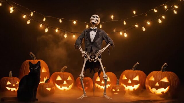 skeleton dancing with pumpkins and black cat halloween party