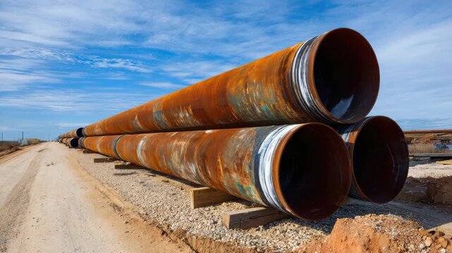 Large rusted pipes lined up along a dirt road in an industrial area under a clear blue sky during the day