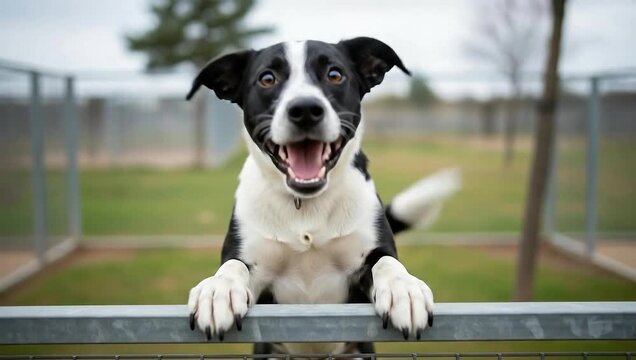 Happy Border Collie Dog Leaning on Fence Outdoors.
