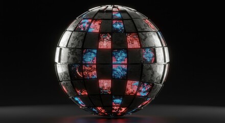 Futuristic Globe: Metal Panels with Glowing Red and Blue Pixel Displays on Black