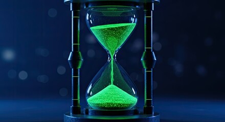 Futuristic Hourglass with Glowing Green Sand and Bokeh Background