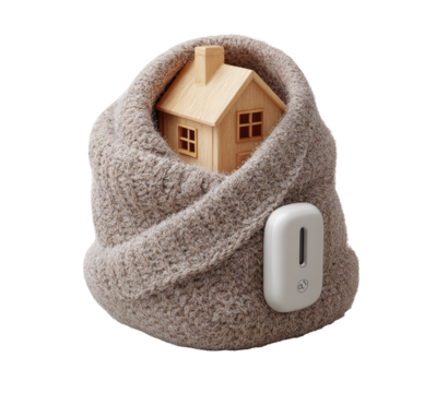Small wooden house nestled in a warm, beige knitted wrap, suggesting comfort and protection from the cold. A small, light-colored device is attached to the wrap - Powered by Adobe