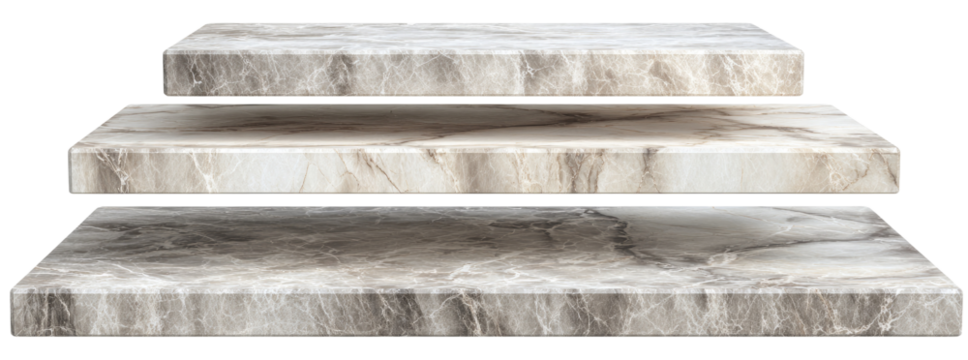 Three stacked rectangular stone steps.  Light gray and white stone with veining