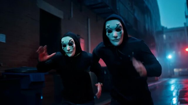 Two men in anonymous masks running through a dark alley. Crime and escape concept for suspense film.