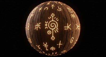 Glowing Wooden Orb with Ancient Symbols, Mystical, Dark Background, 3D Render.