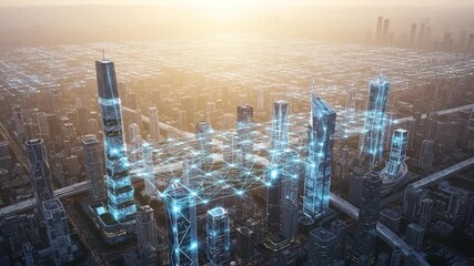 Futuristic urban metropolis with digital network connections and modern skyscrapers at sunrise - Powered by Adobe