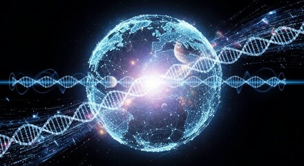 Obraz premium Global DNA Helix: A futuristic digital depiction of the Earth, interwoven with strands of DNA, symbolizing the interconnectedness of life and science in the digital age.