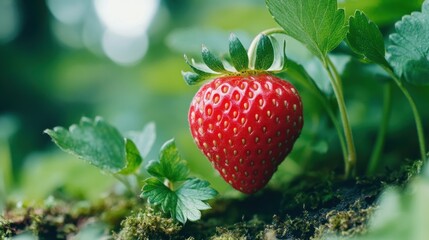 Fresh red strawberry ripening on plant with green leaves and bokeh background, copy space