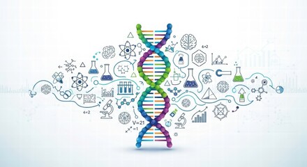DNA Strand and Scientific Elements: A vibrant DNA strand, a symbol of life's blueprint, entwined with a web of scientific icons, illustrating the wonders of biology, genetics.