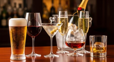 A Toast to Indulgence: An artful array of beverages, from crisp champagne to robust whiskey, poised against a dark background, reflecting the pleasures of leisure and social gatherings.