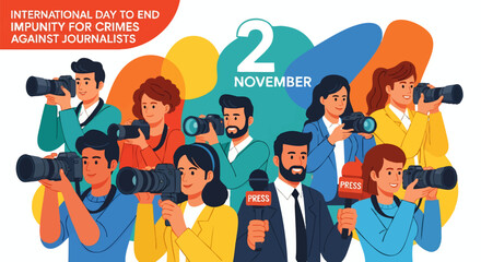 Illustration commemorating International Day to End Impunity for Crimes Against Journalists, featuring people holding cameras and microphones.