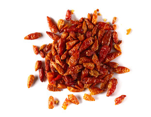 Dried bird's eye chili peppers pile isolated on white background, top view