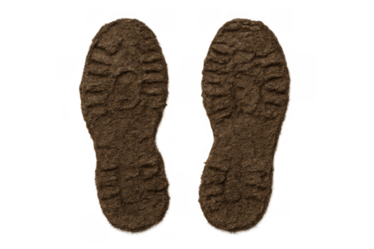 Pair of dirty boot prints left in brown wet mud or dirt, showing textured sole patterns, isolated on a transparent background