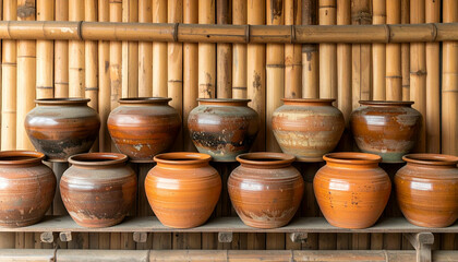 A collection of earthenware jars displayed on a bamboo shelf, arranged neatly.