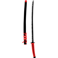 Black Katana Sword with Red Accents and Sheath on Transparent Background
