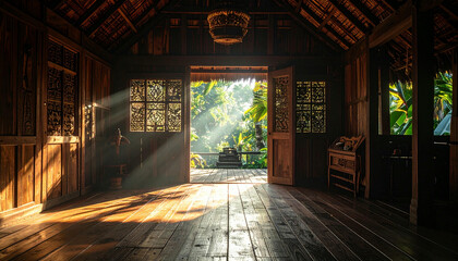 Interior view of a wooden house with open doors leading to a lush, sunlit garden.