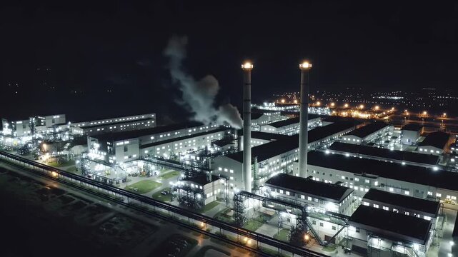 vivid 4k nighttime aerial drone view illuminated pulp paper factory full operation bright industrial lighting highlighting chimneys production activity modern manufacturing energy