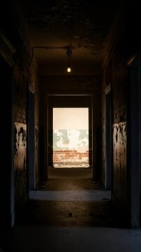 Zoom out from a narrow, dark, abandoned prison cell hallway with a light bulb above, revealing a brick wall at the end, surveillance footage. Vertical video