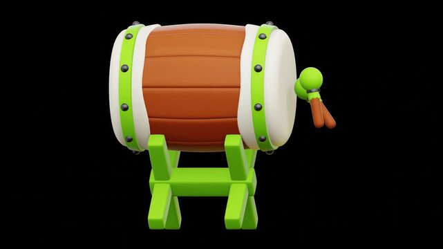 3D Animation of a Beduk Drum with Islamic Ornaments on a Green Stand Against a Black Background Ideal for Cultural Celebrations and Religious Events