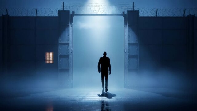 Man approaching an open prison gate, symbolizing release with misty blue light. Concept of freedom after incarceration.