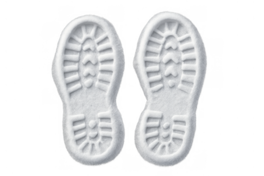 White snow boot steps leaving footprints, cold winter shoe tracks, isolated on transparent background, symbolizing journey and exploration