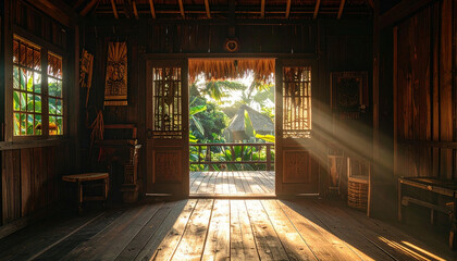 Interior of a wooden building with open doors, sunlight streaming in, and a view of lush greenery.