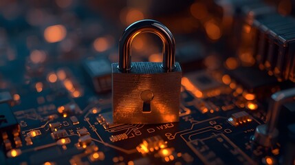 digital padlock symbolizes security and protection in tech environment, surrounded by glowing data elements. This conveys sense of safety and trust in digital transactions