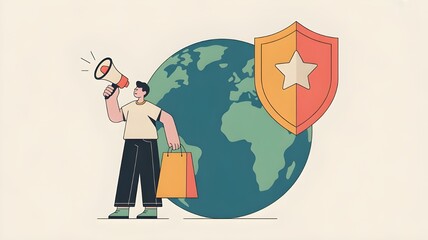 World consumer rights day illustration with shopping bag, megaphone, and globe