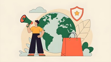 World consumer rights day illustration with shopping bag, megaphone, and globe
