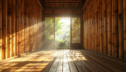 Interior view of a bamboo-lined room with light streaming through an open doorway to a lush green outdoor space.