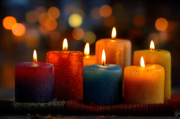 Candlelight Day. Traditional holiday. Group of colored candles lit at night with unfocused lights