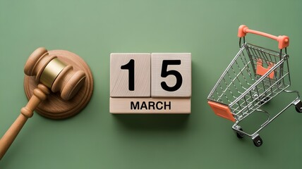 MARCH 15 and shopping cart and judge gavel concept of world consumer rights day