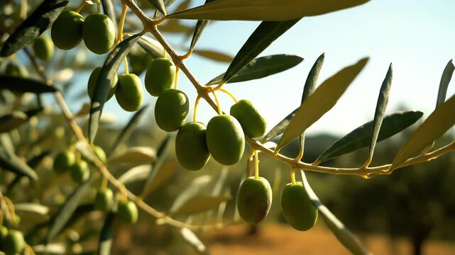 Olive Branch with Green Olives Growing in Orchard Close Up
