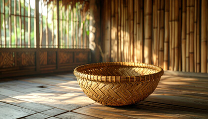 Interior scene featuring a woven basket on a wooden floor with bamboo walls and natural light.